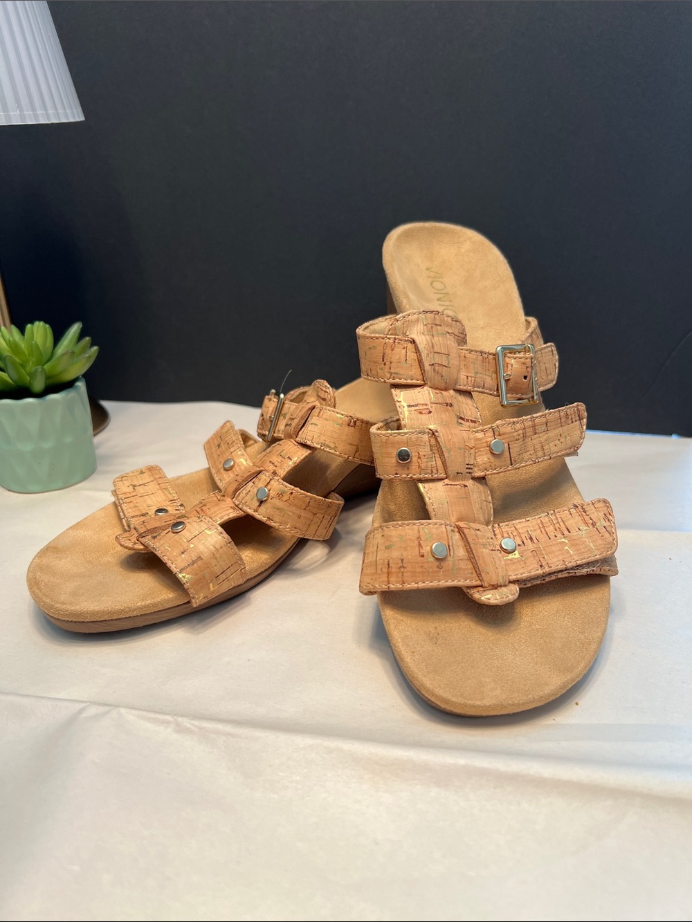 Vionic Cork-Textured Wedge Sandals in Natural Tan